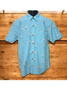 Party Pants Mens Blue Flamingo Print Short Sleeve Shirt Medium